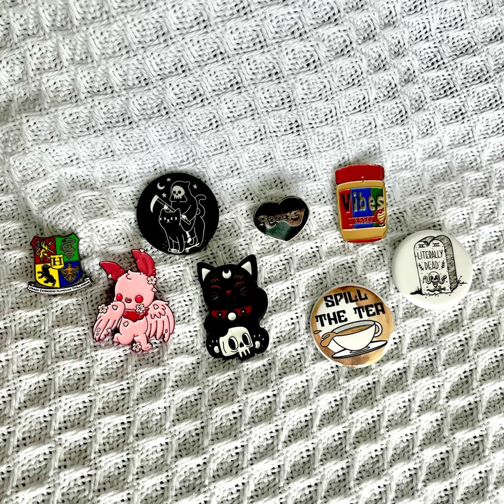 Set of 8 Enamel & Button Pins: Glass Animals Rooney Harry Potter Sakura Mothman